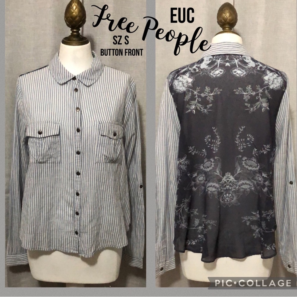EUC Free People Button Front Blouse-Striped with Sheer Back-3/4 Roll up Sleeves